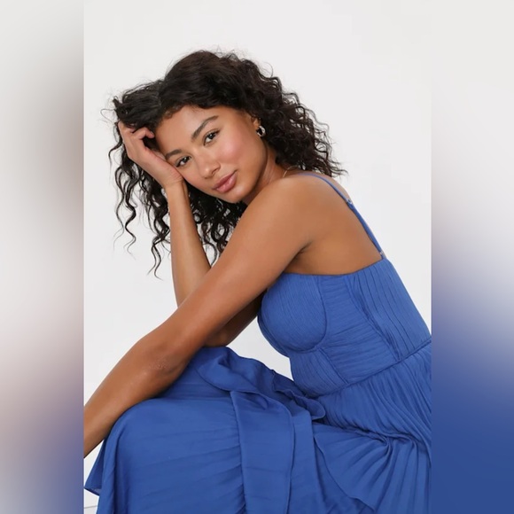 NWT Lulus Cascading Crush Cobalt Blue Tiered Bustier Midi Dress - Picture 4 of 5